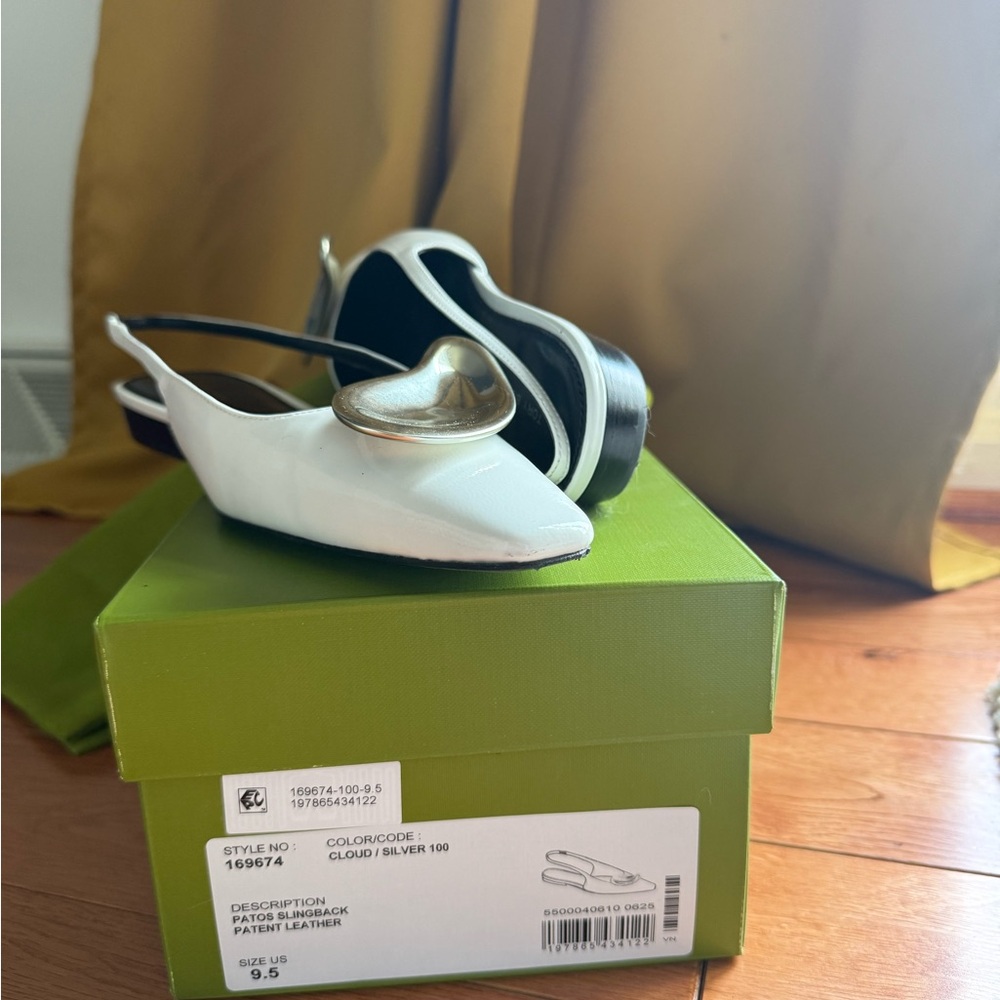 Tory Burch Cloud White Patent Slingback Flats with sculptural metal teardrop